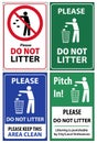 Set of posters and sticker signs with a call please do not litter, keep area clean.