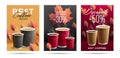 Set of posters for take away coffee point with promo discounts, autumn coloured leaves illustration and paper mugs, isolated