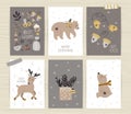 Set of posters with tree, cute animals and inscriptions.