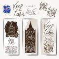 Set of posters with typographical phrase Keep calm and love England. Vector design art postcard with creative slogan. Retro greeti Royalty Free Stock Photo