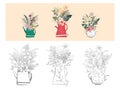 Set of pot plant flowers doodles Cute Collections flowers for spring or summer. Element Design in Vintage style in black and white