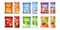 Set potato chips with different flavors advertising composition of crisps potatoes and packagings collection