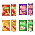 Set potato chips with different flavors advertising composition of crisps potatoes and packagings collection