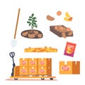 Set Of Potato Products, Ripe Freshly Harvested Vegetable In Soil And Box, Chips Package, Shovel And Snack Boxes