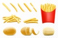 Set of potato. raw whole unpeeled potato and peeled potato with twisted peel. French fries. Popular roasted potatoes chips sticks