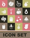 Set Potato, Watermelon, Avocado, Apple, Onion, Banana, Plum fruit and Mango icon. Vector