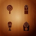 Set Potatoes french fries in box, Lollipop, Chicken leg and Doner kebab on wooden background. Vector Royalty Free Stock Photo