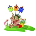 Set of pots with flowers,birdhouses,grass Royalty Free Stock Photo