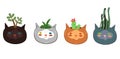 Set of pots for indoor plants in the shape of cat s heads isolated on a white background. Vector graphics Royalty Free Stock Photo