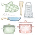 Set with pots, pan, oven mitt, spatula and grater