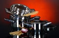 A set of pots and pans on a dark background Royalty Free Stock Photo