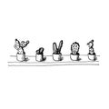 Set of potted cacti on shelf. Isolated sketch on white background