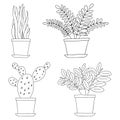 Set of potted Potted flowers in the style of Doodle.Contour hand drawing.Black and white image.Coloring.Vector illustration Royalty Free Stock Photo