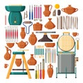 Set of pottery tools and equipments. Collection of clay tableware. Muffle furnace and pottery wheel. Royalty Free Stock Photo