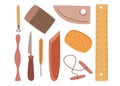 Set of pottery tools for making crafted crockery. Potters intruments vector collection on white Royalty Free Stock Photo