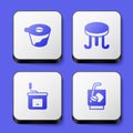 Set Pour over coffee maker, Coffee table, Manual grinder and Espresso tonic icon. White square button. Vector