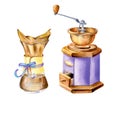 Set of pourover and coffee mill in blue, gold and violet colors Royalty Free Stock Photo