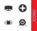 Set Power button, Computer monitor, Portable video game console and Game controller joystick icon. Vector Royalty Free Stock Photo