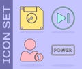 Set Power button, Floppy disk for computer data storage, Add to friend and Fast forward icon. Vector Royalty Free Stock Photo
