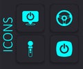 Set Power button, Racing simulator and VR controller game icon. Black square button. Vector Royalty Free Stock Photo