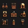 Set Prado museum, Giralda, Peineta, Apple cider bottle, Algar waterfall, Olives can, Spanish woman and Earrings icon