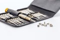 A set of precision screwdrivers with various bits in a black leather case with some screws on a white surface Royalty Free Stock Photo