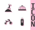 Set Pregnancy test, Sandbox with sand and shovel, Bicycle for kids and Baby hat icon. Vector