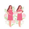 A set with a pregnant woman and a mother with a newborn baby. The concept of carrying a child and motherhood. Flat