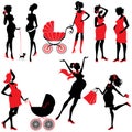 Set of pregnant woman Silhouettes in black and red colors, isol