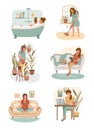 Set of pregnant women doing different home activities: working, studying, watering, cleaning, takes a bath, meditating, reading Royalty Free Stock Photo