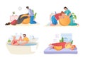 Set with pregnant women preparing for childbirth at hospital and at home