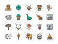 Set of Prehistoric Age Color Line Icons. Dinosaur, Meteorite, Mammoth and more.