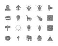 Set of Prehistoric Age Gray Icons. Tropical Palm Leaf, Dinosaur, Meteorite, Primitive Axe, Torch Flame, Mammoth and more