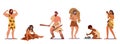 Set of Prehistoric Ages Characters Wear Animal Skin Use Primitive Tools for Hunting, Light a Fire, Man Demonstrate Power Royalty Free Stock Photo