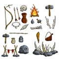 Set of prehistoric caveman items for hunting. Trap for animal, stone axe or hammer, fire, arrow and bow. Cartoon sketch