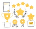 Set of premium awards icons in doodle style. Linear awards, trophies, cups and diplomas.