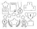 Set of premium awards icons in doodle style. Linear awards, trophies, cups and diplomas.
