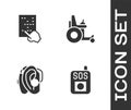 Set Press the SOS button, Braille, Hearing aid and Electric wheelchair icon. Vector