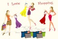 Set Pretty shopping girls, vector illustration Royalty Free Stock Photo