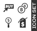 Set Price tag with dollar, Buy button, Magnifying glass and dollar and Cryptocurrency coin Bitcoin icon. Vector Royalty Free Stock Photo