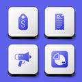 Set Price tag with dollar, Financial check, Megaphone and Pie chart infographic icon. White square button. Vector Royalty Free Stock Photo