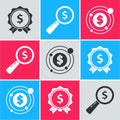 Set Price tag with dollar, Magnifying glass and dollar and Target with dollar symbol icon. Vector Royalty Free Stock Photo