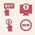 Set Price tag with New, Buy button, Computer monitor with dollar and Hand holding coin icon. Vector Royalty Free Stock Photo