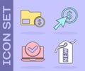 Set Price tag with New, Envelope with coin dollar, Laptop and Cursor and coin icon. Vector