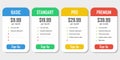 Set of pricing plans. Templates table in flat design. Table tariff banner for websites and applications.