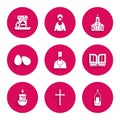 Set Priest, Christian cross, Bottle of wine, Holy bible book, Burning candle, Easter eggs, Church building and cake icon Royalty Free Stock Photo