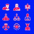 Set Priest, Religious cross in circle, Krampus, heck, Hands praying position, Christian chalice, Church tower, and