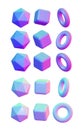 Set of primitive 3D objects for decoration and background in pastel multi-colored colors. Icosahedron, cube, torus