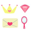 Set of princess accessories. Crown, love letter, diamond and mirrow. Pink and yellow colors. Fairy tale elements. Prints