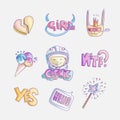 Set of princess and little girls cute fashion icon. Lovely vector set of hand drawn princess elements - broken heart Royalty Free Stock Photo